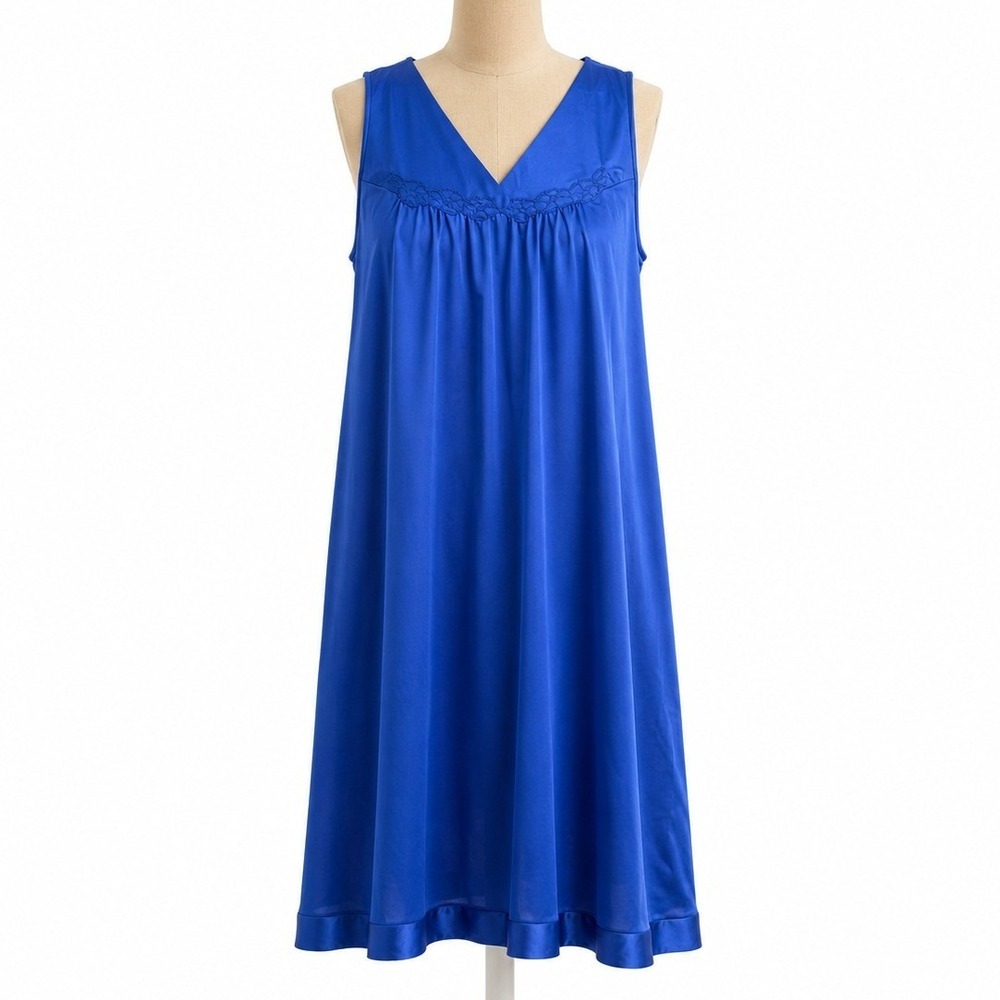 Vintage 80s Vanity Fair Lace V Neck Night Dress Size L Blue Romantic Minimalist
